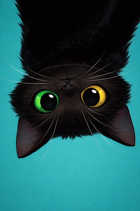 An upside-down black cat with striking green and yellow eyes stares out against a teal background, visually capturing the "One Cat. Endless Chaos" tagline for the $IWRU token featured in the post. The feline's mismatched eyes and disorienting orientation perfectly embody the playful "rug pull" theme of the meme coin.