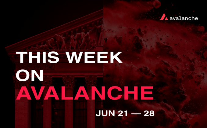 A promotional graphic with a red-tinted background featuring a classical building with columns reads "THIS WEEK ON AVALANCHE JUN 21 — 28," with the Avalanche logo in the top right corner. It serves as a header for a weekly ecosystem recap highlighting updates from projects like BNK Busan Bank and Danal's PayProtocol.