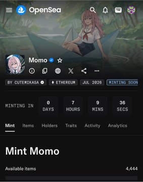 This image shows an OpenSea collection page for "Momo" with 4,444 available items and a mint countdown timer starting soon. It aligns with the post announcing eligibility to mint the Momo NFT collection on Ethereum at 0.0075/0.008 ETH.