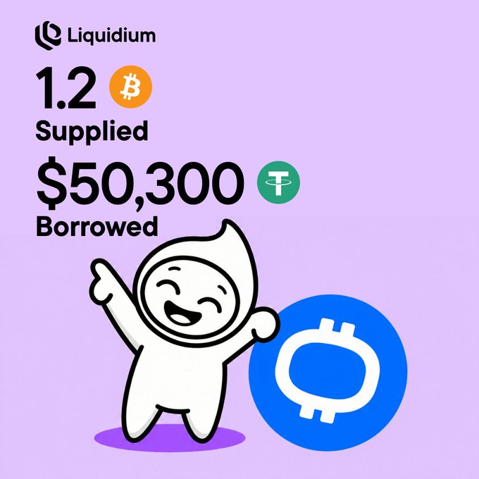 A Liquidium promotional graphic showing '1.2 BTC Supplied' and '$50,300 Borrowed' with a cartoon mascot character next to a blue coin icon.