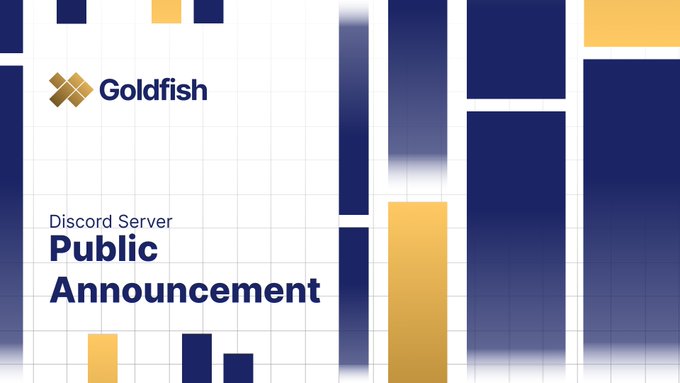A Discord server announcement banner for "Goldfish" with blue and yellow geometric design elements.