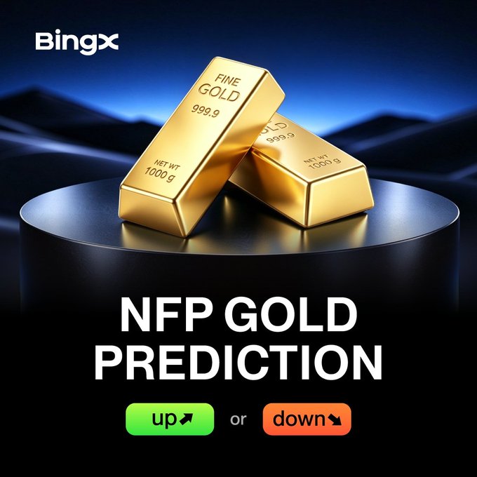 The image is a promotional graphic from BingX featuring two 1,000g (999.9 fine gold) bars on a black pedestal with the headline "NFP GOLD PREDICTION" and green/red buttons to vote "up" or "down," encouraging users to predict gold's price movement ahead of the U.S. Non-Farm Payrolls (NFP) release and join a 50 USDT giveaway.