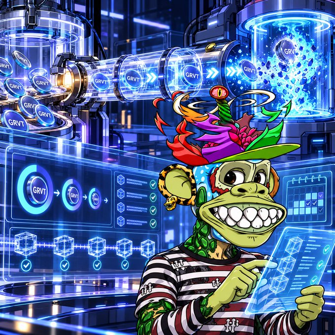 A colorful cartoon reptile scientist works beside transparent blue holographic displays in a futuristic lab filled with tubes and glowing tokens labeled “GRVT.”