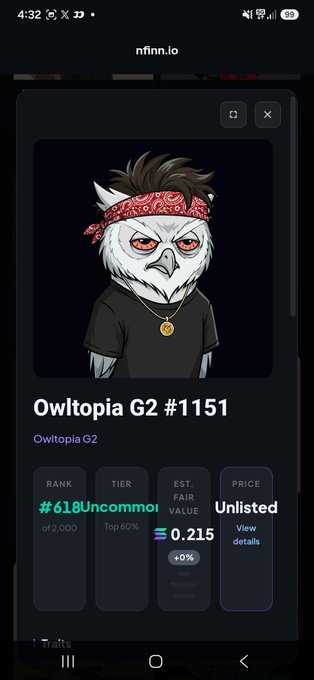 A mobile screenshot from nfinn.io displaying an NFT collection item "Owltopia G2 #1151," featuring a stylized owl character with a red bandana, ranked #618 Uncommon.