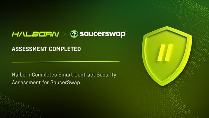 The image features a green shield with the number 2 on it, surrounded by a block of text that reads "HALBORN completes smart contract security assessment for Saucerswap". The background of the image is a dark green color with white dots scattered throughout.