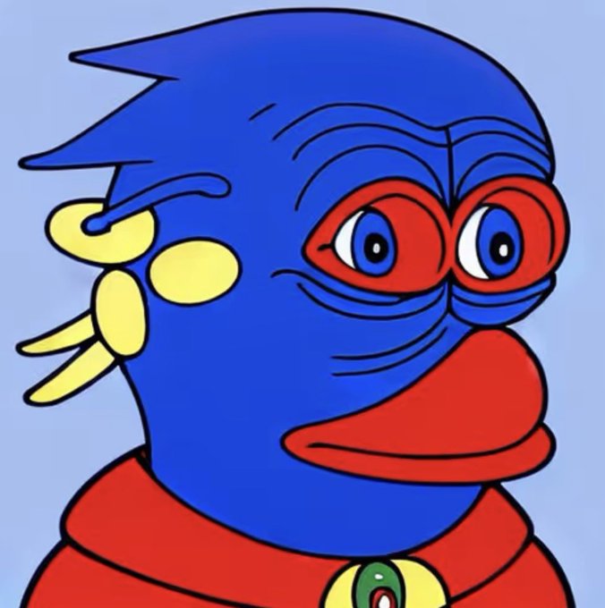 The image features an illustration of a blue-eyed cartoon character with a red nose, wearing a red shirt and a green necklace. The character appears sad and has a serious expression on their face. The caption below the image reads "secured this blue eyed dreamboat after taking profit from poly market a few weeks ago and I forgot to brag about it until now".
