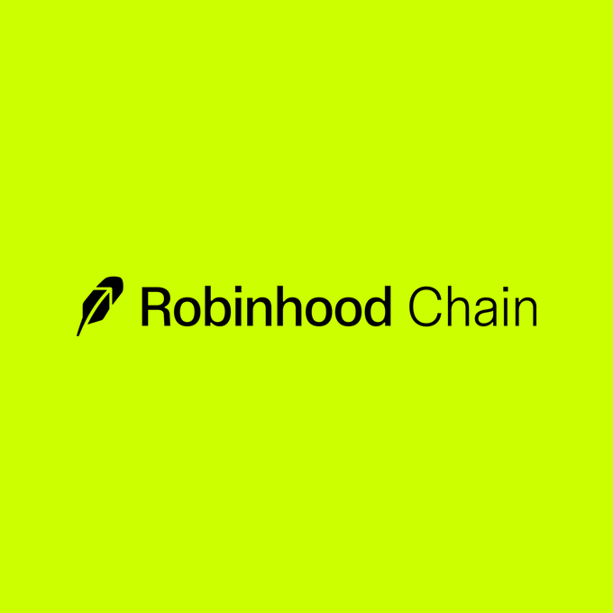 A bright green background displays the 'Robinhood Chain' logo with its feathered quill icon in black.