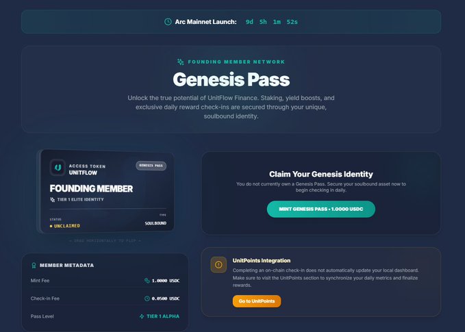 A dashboard for "Uniflow" showing a countdown to the "Arc Mainnet Launch" and a "Founding Member Genesis Pass" section with a status of "UNCLAIMED" and a button to "MINT GENESIS PASS + 1.0000 USDC".