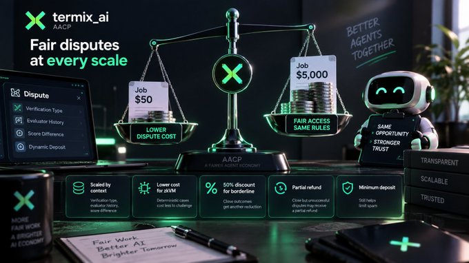 A promotional graphic for 'termix.ai' titled 'Fair disputes at every scale,' showing a scale weighing Job $50 vs Job $5,000 with icons for Dispute, AACP, and features like 'Lower cost for AIvM' and '50% discount for borderline'.