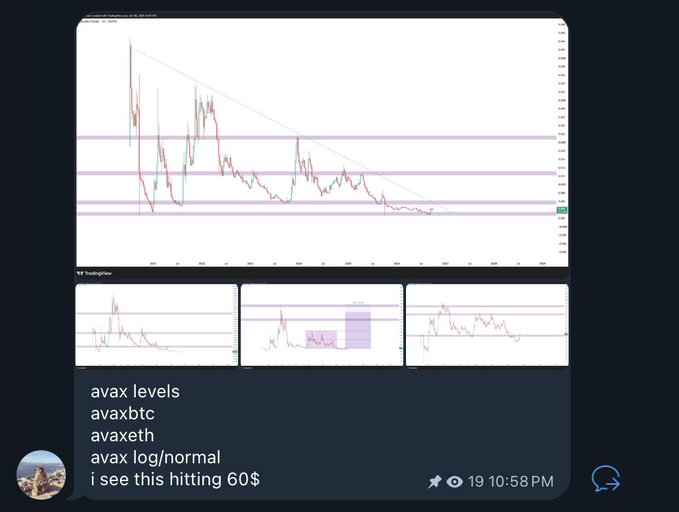 A Telegram message screenshot displaying cryptocurrency price charts (AVAX) with text reading 'avax levels, avaxbtc, avaxeth, avax log/normal, i see this hitting 60$', posted at 19:10:58 PM with 19 views.