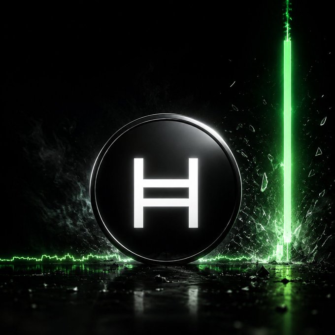 Dark, dramatic image of a black coin with a white 'H' logo breaking through glass, accompanied by a glowing green lightsaber-like beam, with green market-style line graphs at the bottom.