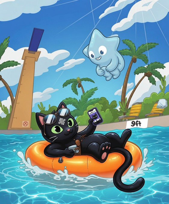 A cartoon illustration of a black cat wearing sunglasses lounging on an orange pool float holding a smartphone, with a smiling ghost floating above in a tropical pool setting labeled '9ft'.