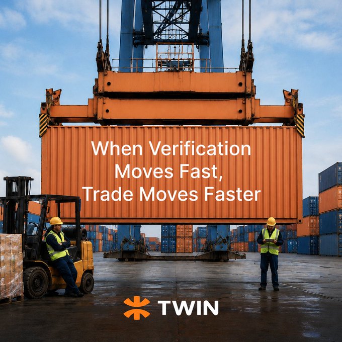 A promotional image showing a shipping container being moved at a port with workers nearby, featuring the text "When Verification Moves Fast, Trade Moves Faster" and the TWIN logo at the bottom.