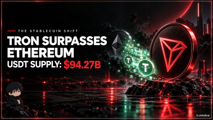 A bold graphic displays "TRON SURPASSES ETHEREUM" with a striking red TRON logo beside a silver Ethereum emblem, highlighting the "$94.27B" USDT supply milestone on the TRON network amid a dark, futuristic cityscape backdrop.
