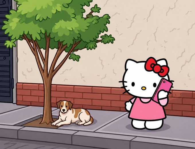 A cartoon illustration of Hello Kitty, wearing a pink dress and red bow, holding a pink smartphone, standing next to a small brown and white dog beside a tree.