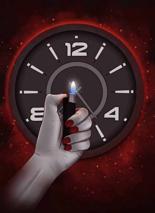 A dark, stylized illustration of a pale hand with red nail polish holding a lit lighter in front of a large clock face with a glowing red background.