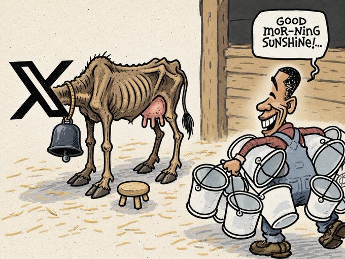 A cartoon illustration shows an emaciated cow with a Twitter/X logo over its eye and a bell around its neck, while a farmer holding milk buckets greets it with 'GOOD MOR-NING SUNSHINE!'.