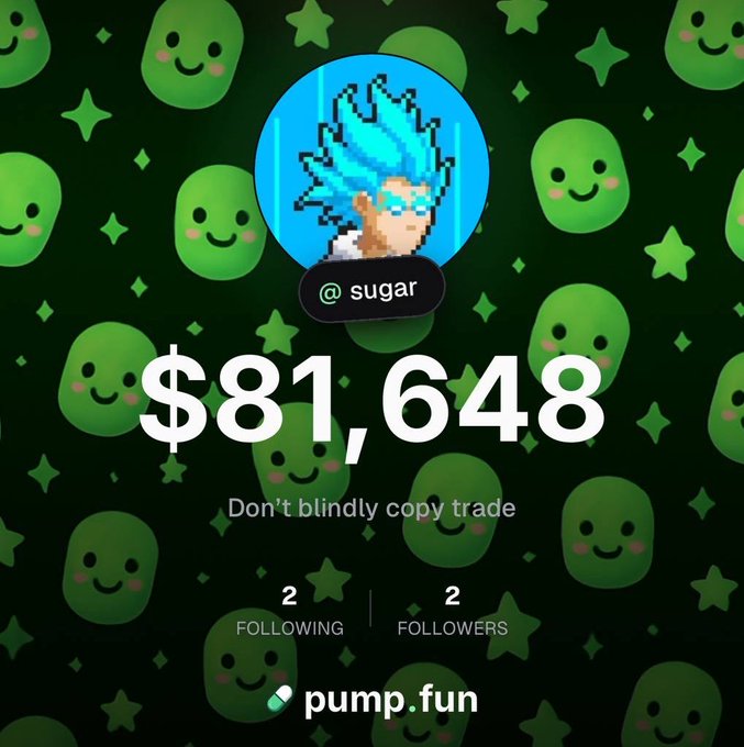 A profile screen for the user '@sugar' on pump.fun, displaying a pixel-art avatar, a profit/loss of $81,648, a warning to 'Don't blindly copy trade,' and 2 followers.
