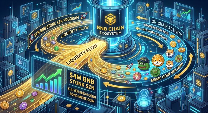 A colorful digital illustration depicts the 'BNB CHAIN ECOSYSTEM' with flowing golden liquidity streams, charts showing growth, '$4M BNB STONK SZN', and references to 'MEME COIN VOLUME', 'ON-CHAIN ACTIVITY', 'TRANSACTION FEES', and 'NETWORK REVENUE'.