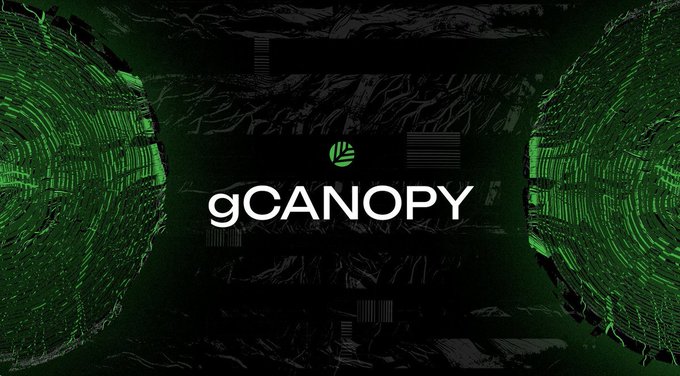A digital graphic with a dark, glitchy background flanked by green tunnel-like structures, displaying the text 'gCANOPY' in the center.