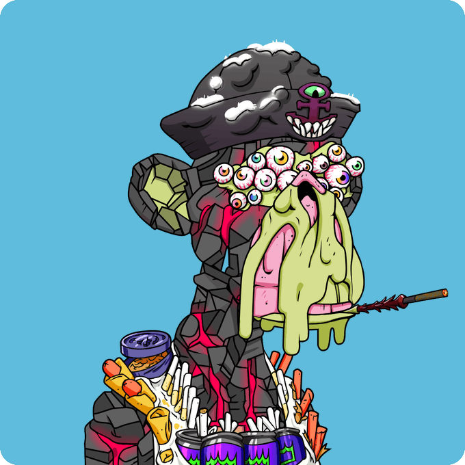 A grotesque cartoon illustration of a multi-eyed monster in black rocky armor, dripping green slime, surrounded by french fries and soda cans against a bright blue background.