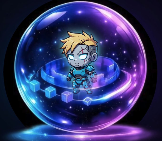 A chibi-style animated character with blonde hair and cybernetic features inside a glowing purple and blue energy sphere, surrounded by floating digital cubes.