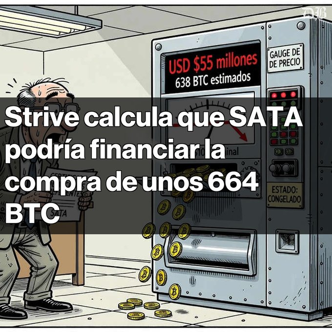 A cartoon image of a sweating man looking at a vending machine dispensing Bitcoin coins, with Spanish text overlay reading 'Strive calcula que SATA podría financiar la compra de unos 664 BTC' (Strive calculates that SATA could finance the purchase of about 664 BTC) and a display showing 'USD $55 millones 638 BTC estimados.'