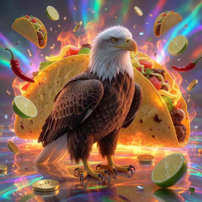 A digital illustration of a bald eagle standing in front of flaming tacos with floating lime slices, chili peppers, and gold coins.