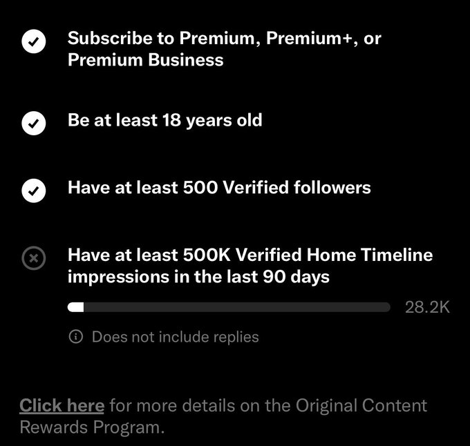 Screenshot of Twitter/X requirements for the Original Content Rewards Program, showing met criteria (Premium subscription, age 18+, 500 verified followers) and an unmet criterion of 500K Verified Home Timeline impressions in 90 days, currently at 28.2K with a 'Click here for more details' link.