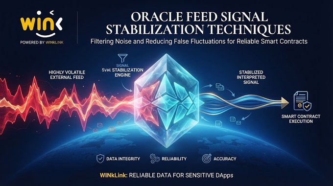 A digital graphic titled 'ORACLE FEED SIGNAL STABILIZATION TECHNIQUES' by WINK (powered by WinkLink), illustrating how a highly volatile external feed passes through a SVR stabilization engine to produce a stabilized signal for smart contract execution.
