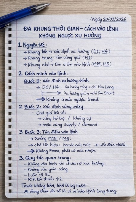 A handwritten note in Vietnamese titled 'ĐA KHUNG THỜI GIAN - CÁCH VÀO LỆNH KHÔNG NGƯỢC XU HƯỚNG' outlining multi-timeframe trading rules and entry strategies.