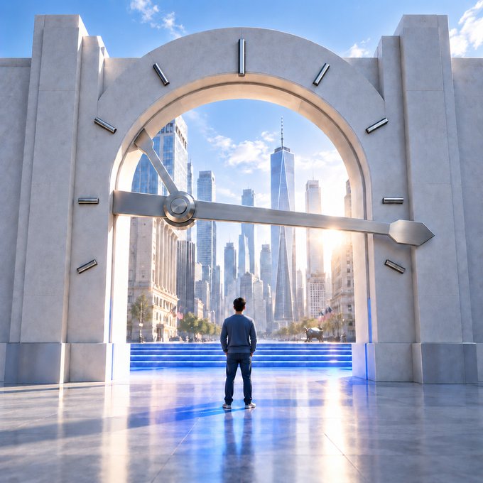 A lone figure stands before a massive stone archway with a clock face, gazing through it toward a sunlit city skyline. The scene visually reinforces the post's message that opportunity lies beyond the traditional "opening bell," with the oversized clock symbolizing barriers to entry that the MEXC TradFi platform aims to bypass by offering zero-fee trading access anytime.