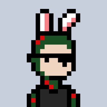 A pixel art character wearing a green cap and dark clothing with red accents, featuring bunny-like ears on the cap, set against a plain light blue background.