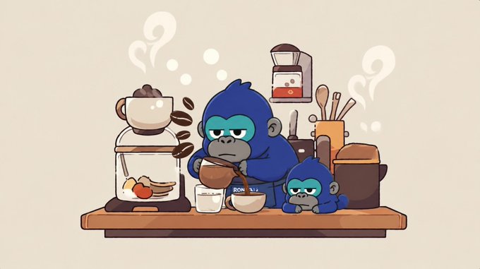 A cartoon illustration of two blue gorillas preparing coffee in a kitchen setting, with one stirring a cup and steam rising from a pour-over coffee maker.