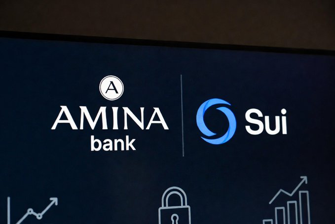 A dark sign displaying the logos for "AMINA bank" and "Sui", along with faint icons representing charts, security, and growth.