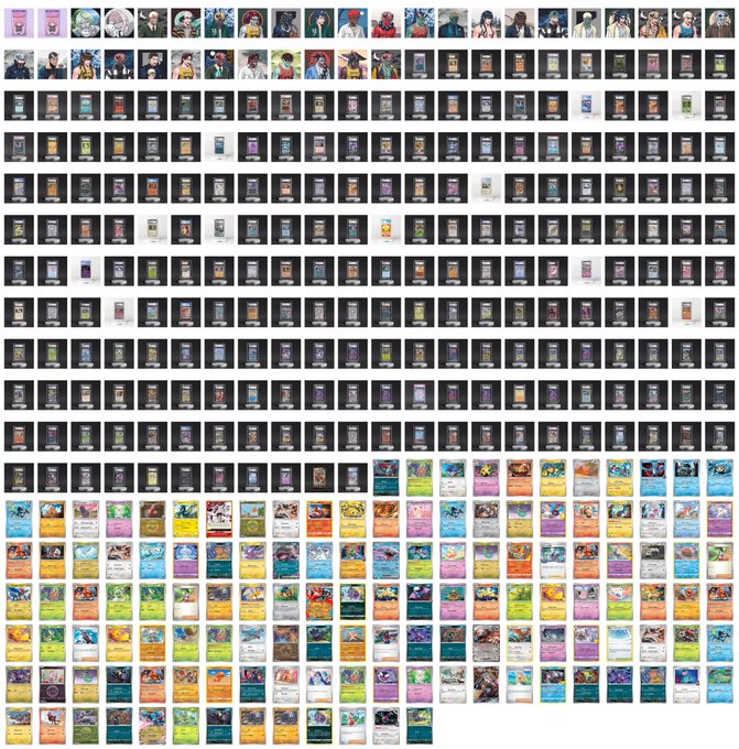 A collection grid displaying 387 digital collectibles, featuring portraits at the top, smartphones in the middle rows, and Pokémon trading cards at the bottom, promoting an Epoch 3 reward pack on $ETH and $MOMO.