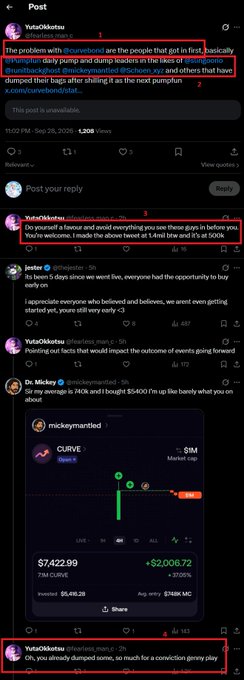 A screenshot of an X post by @YatsoEKKretas ridiculing a trader who blamed others for the Pump.fun/SOL memecoin crash, highlighting the trader's "piss poor" performance of dumping $740k for a $2,408.72 gain on the CURVE token, with a follow-up taunt that "dumping some" was "much for a conviction gameplay."