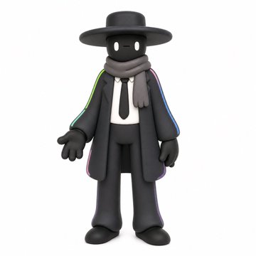 A 3D rendering of a black cartoon figure with white dot eyes, wearing a wide-brimmed hat, a scarf, and a coat with colorful stripes.