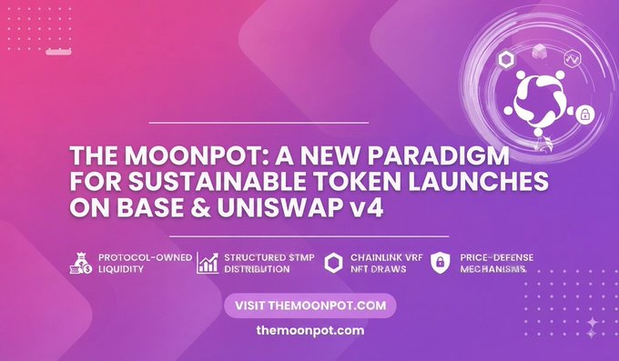 A vibrant pink and purple gradient promotional graphic for themoonpot.com titled "THE MOONPOT: A NEW PARADIGM FOR SUSTAINABLE TOKEN LAUNCHES ON BASE & UNISWAP v4," highlighting key features like Protocol-Owned Liquidity, Structured $TMP Distribution, Chainlink VRF NFT Draws, and Price-Defense Mechanisms. The image visually reinforces the post's message by showcasing how MoonPot addresses post-launch sustainability rather than just initial buying hype.