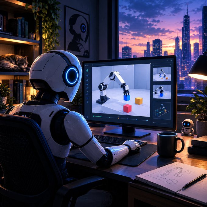 A humanoid robot with a glowing blue visor sits at a desk working on 3D modeling software, with a city skyline at sunset visible through the window behind it.