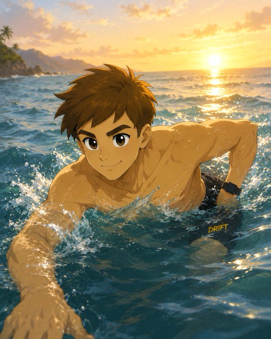 An anime-style illustration of a brown-haired shirtless boy swimming in ocean water at sunset, signed 'DRIFT'.