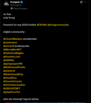 A Twitter/X post from Frongss (@frongss) advertising a freemint for top 500 holders of $FRONG, listing community tags including @ClutchMarkets, @cashcats, @artmesh, @MerryMenNFT, @ZabatsuWagies, and others.