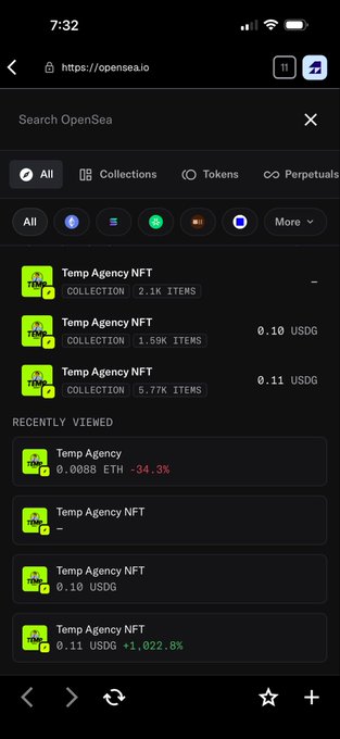 A mobile screenshot of the OpenSea website (opensea.io) showing search results for 'Temp Agency NFT' with various collection listings and prices in ETH and USDG.