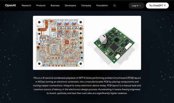 The image shows an OpenAI webpage highlighting a GPT-6 Astra demonstration of condensed PCB (printed circuit board) layout in KiCad, turning an electronic schematic into a manufacturable PCB. It pairs the displayed PCB schematic and hardware with promotional text about how Astra accelerates electronics design, complementing the post's excitement about the model's potential to enable new creations.