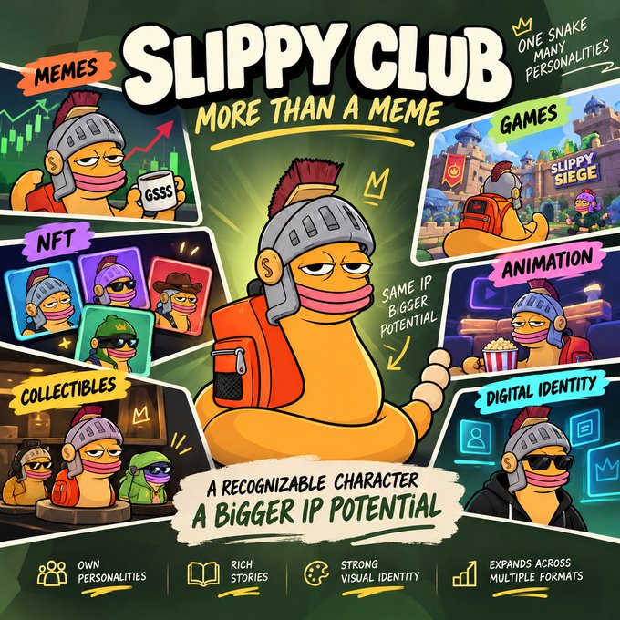 A promotional graphic for 'SLIPPY CLUB' featuring a cartoon worm character in a knight's helmet and backpack, surrounded by text highlighting its potential in memes, games, NFTs, animation, collectibles, and digital identity.