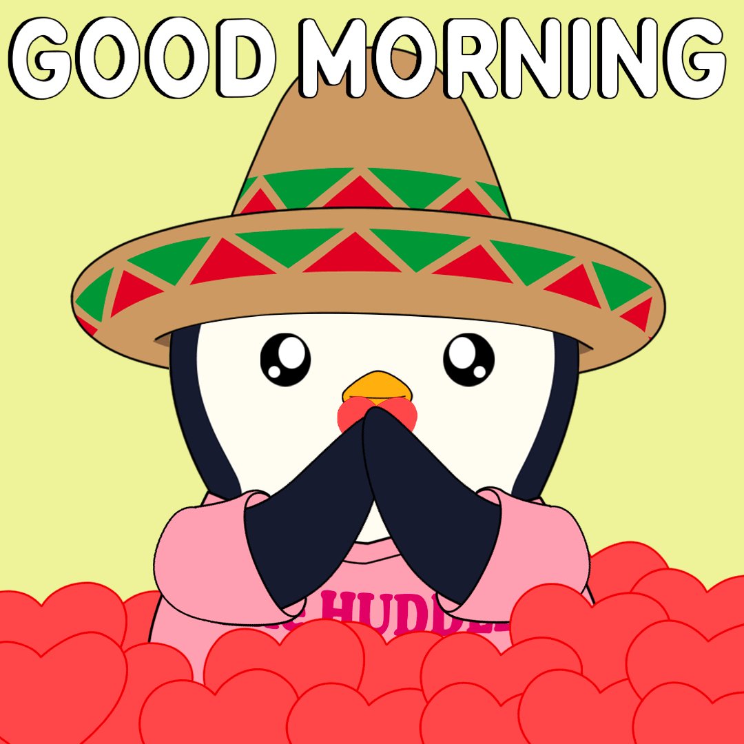 The image features a cartoon penguin wearing a sombrero hat with a pink shirt underneath that reads "Hurry". The penguin appears to be surrounded by hearts of various sizes, creating an impression of a heart-filled environment or celebration. The text "Good morning" is written above the penguin's head and "Happy Thursday!" is written below it. This combination of elements suggests a festive atmosphere related to the post about good mornings on Thursday.