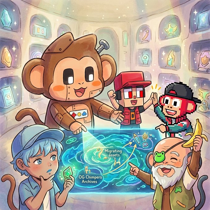 A digital illustration depicts several cartoon characters including a monkey, a boy in a red cap, a pixelated character, a blue-haired boy holding money, and a white-bearded man holding a banana, gathered around a holographic map labeled 'Migrating assets' and '0G Chimpers Archives'.