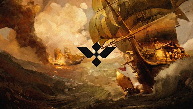A dramatic classical painting depicts ships in stormy seas with billowing smoke clouds, overlaid with a black geometric symbol in the center.