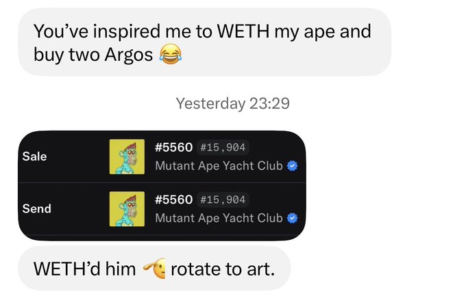 A text message conversation screenshot about NFT trading, showing the message 'You've inspired me to WETH my ape and buy two Argos' with a transaction record for Mutant Ape Yacht Club #5560 priced at 15.904, followed by 'WETH'd him rotate to art.'