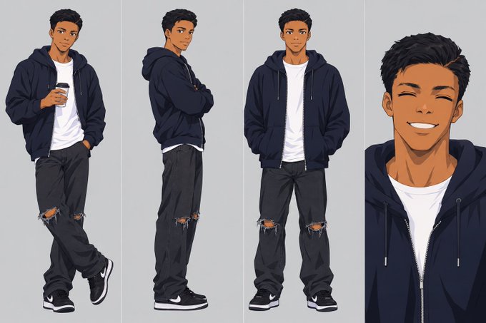 Four-panel character reference sheet of an anime-style young man with dark skin and short black hair, wearing a navy blue hoodie over a white t-shirt and ripped black jeans with sneakers, shown in various poses.